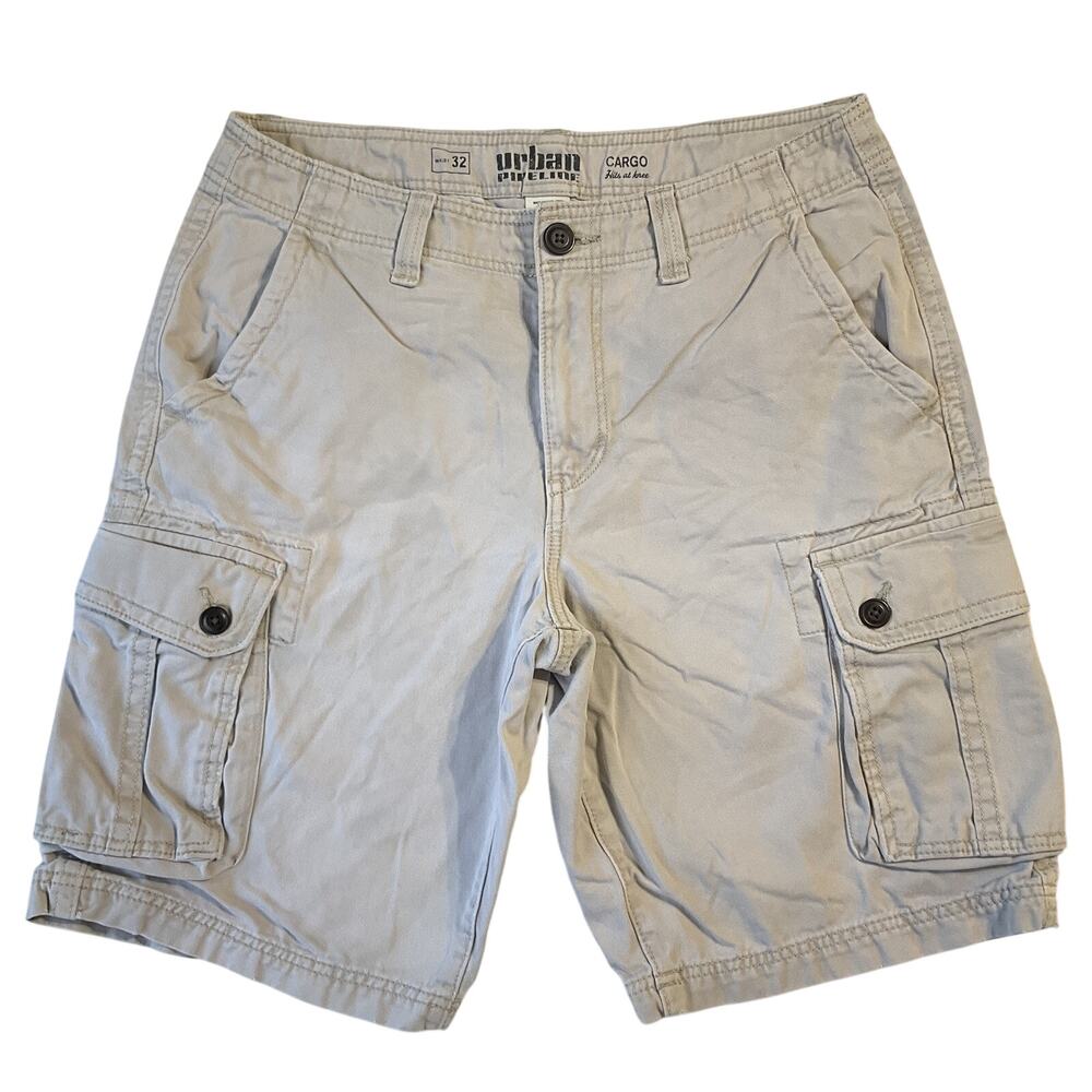 Urban Pipeline Men Shorts 32 Khaki Cargo Shorts Twill Button 10" Inseam Cotton